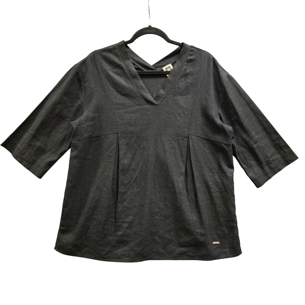 Anne Klein Black Linen V-Neck‎ Pleated Tunic M Lagenlook Minimalist